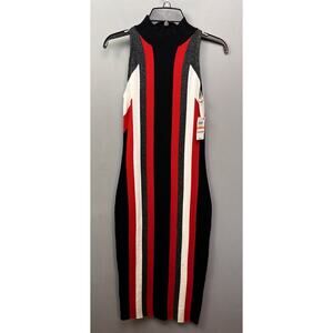 Bar III Striped Mock Neck Bodycon Party Dress Womens Small Black Red Stretch NEW